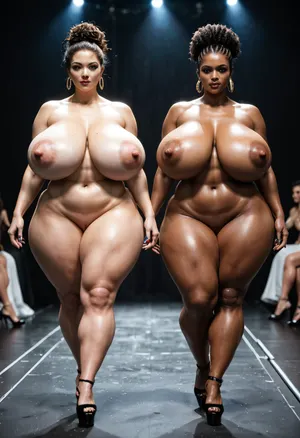 Nude, BBW extremely chubby African women, hyper colossal boobs, extremely large areola, extremely huge puffy nipple, extreme hyper colossal round butts, butts wider and larger than torso, thin waist, walking on nude fashion show, front view