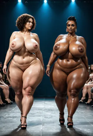 Nude, BBW extremely chubby African women, hyper colossal boobs, extremely large areola, extremely huge puffy nipple, extreme hyper colossal round butts, butts wider and larger than torso, thin waist, walking on nude fashion show, front view
