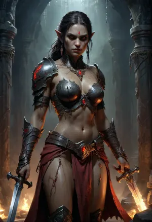 An orc warrior, clad in heavily armored plates that gleam with a faint, unearthly sheen, brandishes a massive sword adorned with runes that pulse with a faint, crimson glow. His eyes, deep and inhuman, reflect the eerie light, and he drags a bound female captive by her chains made of a material that seems to writhe and twist with an unsettling life of its own. The captive, her slender figure encased in a dark, tattered dress that clings to her like a second skin, wears a necklace of shimmering crystals that emit a soft, mesmerizing light. Her medium-sized breasts are barely concealed, and her eyes, filled with fear and defiance, occasionally catch the flickering torchlight that pierces the gloom.

The dungeon they're in is a labyrinthine nightmare, suffocatingly dark and eerily silent, with walls that seem to move subtly in the shadows. Occasional glints of torchlight pierce the gloom, revealing the cavern walls made of rough-hewn stone that drip with moisture and are covered in ancient, intricate carvings that seem to shift and writhe as if alive. The air is thick with the stench of decay, but also with an acrid, metallic tang that hints at the presence of something unnatural. The ground beneath their feet occasionally gives way to soft, squelching sounds, as if the very earth itself is breathing.

In the distance, the captive can hear the distant echoes of chanting, as if a hidden cult is performing some dark ritual. Every now and then, the air ripples with a strange, almost electrical sensation, and the orc warrior's sword emits a low, humming sound that grows louder with each step. The crystals on the captive's necklace begin to glow brighter, and she feels a strange, pulsating presence beneath her feet, as if something vast and ancient is stirring beneath the surface.

The photo is award-winning, professional, highly detailed, <lora:add-detail-xl:.8>, <lora:xl_more_art-full_v1:.8>, <lora:antique_illustration:.8>, <lora:detailed_notrigger:.8>