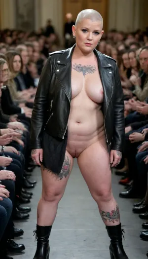 chubby tattooed 62yo swedish woman, ((with shaved head)), ((leather jacket with lapels)), ((full frontal nude, full body)), freckles, numerous tattoos on arms and breasts and neck and legs, tattooed all over, large tattoos, black rubber boots, flat-chested, tiny breasts, small tits, on a catwalk, watched by elegantly clothed people sitting in the audience, <lora:PostApocalyptic_Chernobyl_v3:.5>, pale, skin, <lora:Pale_Skin_SDXL_v1.0:.8>