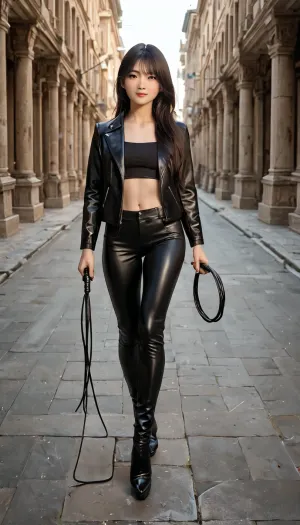 full body view, photorealistic image, asian girl, (teenager:1.5), asian girl walk in the bedroom, front view, mean face, holding a long nine-tailed black whip in the left hand, wearing black tight leather pants, a back leather jacket and black high-heeled shoes, black hair, long hair, (long hair:1.4), (((walking posture)))