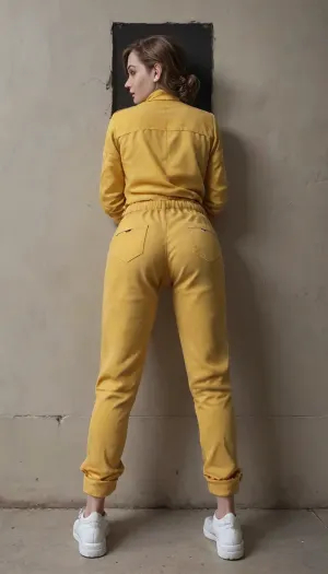 April Onil, in a yellow jumpsuit with pockets, white pumps, sticking into the wall, stuck into the wall through, only her ass and legs sticking out of the wall, rear view, full body view