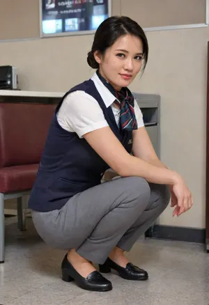 in vip room, CHINESE stewardess, (squatting， Go down on one knee, heads down, looking at floor：1.3), (full body, back side view:1.2), (stewardess uniform, grey waistcoat, white short sleeve shirt, mandarin collar, (long grey pants:1.2), Chinese females, chinese face, featuring a simple background wallacurate english text, ultra-detailed, highres, follow reference image text style, CFG 13, denoising 0.4. short black hairstle, blushing face, shameful, embarrassed, matured, close up, slender body, beautiful long legs, (1.2), full body photo, (black stewardess flat shoes:1.2), small square blue scarf, beautiful face, ankle, The scene is photorealistic, with vibrant colors, soft stage lighting, and ultra-high detail, 4K resolution, woman, squat), alitalia_woman_jacket, alitalia_woman_skirt, alitalia_woman_white_shirt_short_sleeves, alitalia_woman_white_shirt_long_sleeves, alitalia_woman_dress, alitalia_green_silk_scarf, alitalia_red_silk_scarf, alitalia_blue_silk_scarf, alitalia_wool_scarf, alitalia_id_card, alitalia_badge, flight, attendant, stewardess, steward, yearbook, shot, bookworm, pose, squat, best, dressed, sitting, background, <lora:flashpan:1.3>, <lora:alitfina100Ep:1.1>, <lora:yearbookshot_v1:1.2>