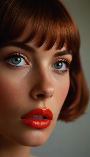 ziprealism, (Richard Avedon, style of Richard Avedon), (Vintage Kodachrome photograph, 1960s mod girl esthetic:1.4), (vibrant auburn hair, blunt bangs haircut), (dramatic false eyelashes, white waterline eyeliner, stunning eyes, doe eyes makeup), (full lips), (innocent expression, delicate face), (face closeup, Dutch Angles, profile shot, sharp focus, focus on lips), <lora:MJ52:.8>, <lora:bombshell_v2:.8>