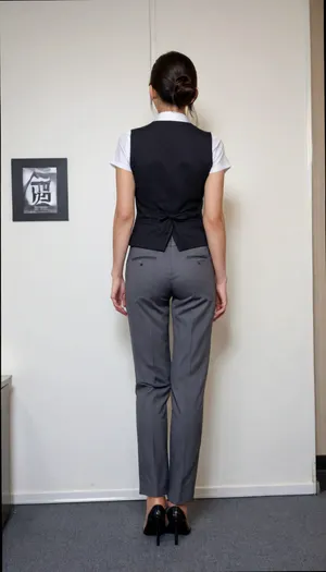 in vip room, CHINESE stewardess, (fully naked：1.2), (full body, back side view:1.2), (stewardess uniform, grey color waistcoat, white short sleeve shirt, long grey long pants, black flat heels:1.2), Chinese females, chinese face, featuring a simple background wallacurate english text, ultra-detailed, highres, follow reference image text style, CFG 13, denoising 0.4. On the stage, several beauty pageant contestants stand gracefully, short black hairstle, blushing face, shameful, embarrassed, matured, close up, slender body, beautiful long legs, (1.2), full body photo, (black stewardess flat shoes:1.2), small square blue scarf, beautiful face, ankle, The scene is photorealistic, with vibrant colors, soft stage lighting, and ultra-high detail, 4K resolution, <lora:alitfina100Ep:1.1>