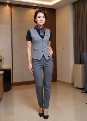 in vip room, CHINESE stewardess, (squatting：1.3), (full body, back side view:1.2), (stewardess uniform, grey color waistcoat, white short sleeve shirt, (long grey long pants:1.2), Chinese females, chinese face, featuring a simple background wallacurate english text, ultra-detailed, highres, follow reference image text style, CFG 13, denoising 0.4. On the stage, several beauty pageant contestants stand gracefully, short black hairstle, blushing face, shameful, embarrassed, matured, close up, slender body, beautiful long legs, (1.2), full body photo, (black stewardess flat shoes:1.2), small square blue scarf, beautiful face, ankle, The scene is photorealistic, with vibrant colors, soft stage lighting, and ultra-high detail, 4K resolution, woman, squat, <lora:alitfina100Ep:1.1>, <lora:woman_squat_xl_lora-000031:.3>), <lora:alitfina100Ep:1.1>, <lora:woman_squat_xl_lora-000031:.5>