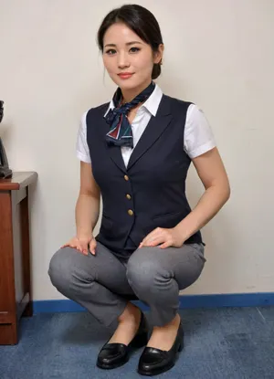 in vip room, CHINESE stewardess, (squatting：1.3), (full body, back side view:1.2), (stewardess uniform, grey waistcoat, white short sleeve shirt, mandarin collar, (long grey pants:1.2), Chinese females, chinese face, featuring a simple background wallacurate english text, ultra-detailed, highres, follow reference image text style, CFG 13, denoising 0.4. short black hairstle, blushing face, shameful, embarrassed, matured, close up, slender body, beautiful long legs, (1.2), full body photo, (black stewardess flat shoes:1.2), small square blue scarf, beautiful face, ankle, The scene is photorealistic, with vibrant colors, soft stage lighting, and ultra-high detail, 4K resolution, woman, squat), alitalia_woman_jacket, alitalia_woman_skirt, alitalia_woman_white_shirt_short_sleeves, alitalia_woman_white_shirt_long_sleeves, alitalia_woman_dress, alitalia_green_silk_scarf, alitalia_red_silk_scarf, alitalia_blue_silk_scarf, alitalia_wool_scarf, alitalia_id_card, alitalia_badge, flight, attendant, stewardess, steward, yearbook, shot, bookworm, pose, squat, best, dressed, sitting, background, <lora:flashpan:1.3>, <lora:alitfina100Ep:1.1>, <lora:yearbookshot_v1:.8>
