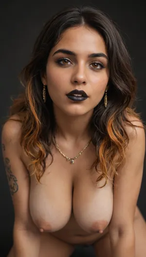 goth, (indian bhabhi:1.7), naked milf, (orange eyes), very long wavy hair, black highlighted hair, orange highlights, tattoos, ((black lipstick)), mischievous, one eyebrow raised, hijab, thick nipples, interested face, cowgirl straddling, (leaning forward:1.4), medium tits, (black background:1.2), front view, close up, tanned