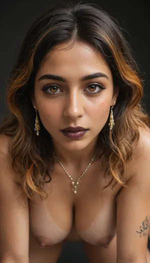 goth, (Pakistani:1.7), naked milf, (orange eyes), very long wavy hair, black highlighted hair, orange highlights, tattoos, ((black lipstick)), mischievous, one eyebrow raised, hijab, thick nipples, interested face, cowgirl straddling, (leaning forward:1.4), medium tits, (black background:1.2), front view, close up, tanned