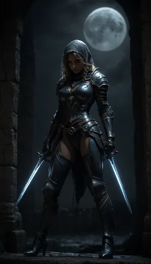 Score_9, score_8_up, Female Moon Night Hunter, standing near a medieval castle stone wall, lean to the wall, (put ass back), bending over, glowing eyes, dynamic pose, mid-motion, shoulder armour plates, throwing daggers on waist belt, steel underboob armor, tight latex leggings, night, moonlight, chiaroscuro lightning, side view, hood, full moon, Dual Swords, <lora:detailed_notrigger:.8>, <lora:dark:.8>, <lora:XL_Weapon_Dual_Swords_-_By_HailoKnight:.8>, <lora:1281424_training_data:.8>