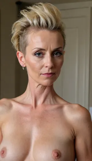 45 years old milf, skinny body, sinewy body, blonde mohawk updo hair, no tattoos at upper body, (small pointy breasts:.5), fit, StokeRealV1, milf_saga, milf_saga_face, <lora:epiCRealismHelper:.6>, <lora:SDXLrender_v2.0:.6>, <lora:StokeRealV1:.7>, <lora:pailide3-000005:.9>, <lora:milfsaga_v3:.6>