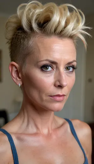 45 years old milf, skinny body, sinewy body, blonde mohawk updo hair, no tattoos at upper body, (small pointy breasts:.5), fit, StokeRealV1, milf_saga, milf_saga_face, <lora:epiCRealismHelper:.6>, <lora:SDXLrender_v2.0:.6>, <lora:StokeRealV1:.7>, <lora:pailide3-000005:.9>, <lora:milfsaga_v3:.6>