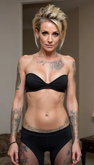 45 years old milf, skinny body, sinewy body, blonde mohawk updo hair, sexy leggins, sexy tube top, tattoos at upper body, (small pointy breasts:.5), fit, StokeRealV1, milf_saga, milf_saga_face, <lora:epiCRealismHelper:.6>, <lora:SDXLrender_v2.0:.6>, <lora:StokeRealV1:.7>, <lora:pailide3-000005:.9>, <lora:milfsaga_v3:.6>