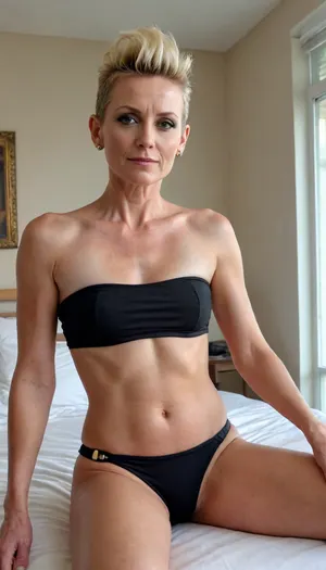 45 years old milf, skinny body, sinewy body, blonde mohawk updo hair, sexy flat sandals, sexy tube top, (small pointy breasts:.5), fit, StokeRealV1, <lora:epiCRealismHelper:.5>, <lora:SDXLrender_v2.0:.5>, <lora:StokeRealV1:.5>, <lora:pailide3-000005:.5>