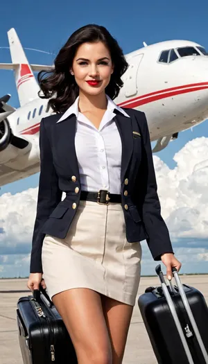 A smiling woman with dark hair and striking features, wearing a sophisticated flight attendant uniform with a skirt featuring a high slit, a white blouse, and a black blazer, holding a small briefcase in one hand and pulling a rolling suitcase with the other, against a background of several large and small passenger airplanes flying amidst fluffy clouds. Style, Black and White Comic Art, Graphic Novel, Pin-Up Art Lighting, Studio Lighting, Bright and Clean Composition, Full Body Shot, Dynamic Angle, Rule of Thirds Details, Elegant expression, confident pose, detailed uniform, subtle texture on clothing, sharp outlines, gradient shading on planes and clouds, retro aesthetic Quality, High Detail, Sharp Focus, Rendered in Pen and Ink