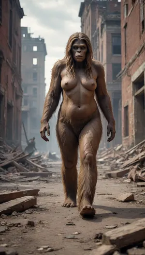 Female Bigfoot .Masterpiece, highly detailed, high quality, full body photoshoot, hdr, 4k, A post-apocalyptic landscape, a thin big foot, The female bigfoot in tattered clothes making her way through the ruins of a city, and dead bodies lying around