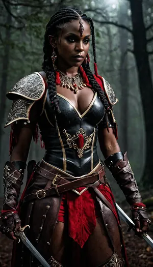 (masterpiece), (best quality), (official art), highly detailed, photorealistic, cinematic lighting, dramatic pose, full body shot, detailed character design, a fierce, (dark-skinned warrior elf:1.2), with black braids, white glove eyes, intricate tribal facial markings in red, piercing dark eyes, ((wearing elaborate dark leather armor:1.3), with hints of red accents, flowing dark scarf, bead necklaces, multiple utility straps, fingerless gloves), she grips two, (swords:1.1), in battle-ready stance, a night, (forest landscape background:1.1), overcast sky, moon, fog, volumetric light, dynamic composition, dramatic shadows, Unreal Engine, Octane Render, 8K, vivid colors, deep shadows, <lora:dark:.8>