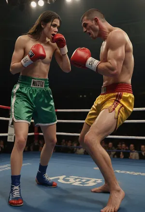 RAW, photo of two photorealistic boxers fighting in a boxing arena. The first boxer is a human-like reptile monster, completely green from the dough, on it pieces of sausage, cheese, it is smeared e, it is the of a basketball goal and exaggeratedly pumped veins. His eyes are yellow, pupil-less and soulless, make-up around the mouth and blue marks around the eyes. The second boxer is a small, thin, barefoot, (((show feet))), Russian girl with long dark hair and red boxing gloves, who faces the monster to fight. In the background hangs a poster with the inscription "NASTYA", a crowd of people are watching in the background., <lora:add-detail-xl:.8>, <lora:detailed_notrigger:.8>, Snyder, Style