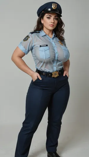 BBW extremely chubby Indian police women, extremely huge booty, extremely huge boobs, Full-body front and back view, straight-on angle, eye level, neutral pose, clear details, extremely transparent cloths, extremely see through Khaki shirt, extremely see through khaki trousers, black belt with buckle, name badge on chest, shoulder insignia, police emblem on beret or peaked cap, short sleeves, utility pockets on shirt and trousers, badge on left chest, large, breasts, boobs, tits, seethru, <lora:bombshell_v2:1.2>, <lora:seethruv3_SDXL:.5>