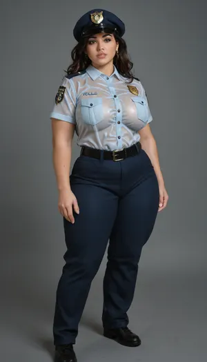 BBW extremely chubby Indian police women, extremely huge booty, extremely huge boobs, Full-body front and back view, straight-on angle, eye level, neutral pose, clear details, extremely transparent cloths, extremely see through Khaki shirt, extremely see through khaki trousers, black belt with buckle, name badge on chest, shoulder insignia, police emblem on beret or peaked cap, short sleeves, utility pockets on shirt and trousers, badge on left chest, large, breasts, boobs, tits, seethru, <lora:bombshell_v2:1.2>, <lora:seethruv3_SDXL:.5>