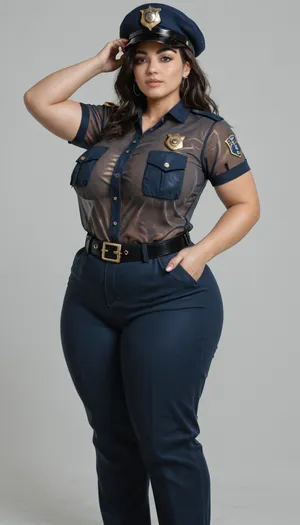 BBW extremely chubby Indian police women, extremely huge booty, extremely huge boobs, Full-body front and back view, straight-on angle, eye level, neutral pose, clear details, extremely transparent cloths, extremely see through Khaki shirt, extremely see through khaki trousers, black belt with buckle, name badge on chest, shoulder insignia, police emblem on beret or peaked cap, short sleeves, utility pockets on shirt and trousers, badge on left chest, large, breasts, boobs, tits, seethru, <lora:bombshell_v2:1.2>, <lora:seethruv3_SDXL:.5>