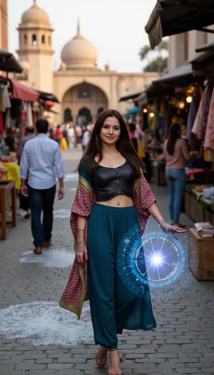 A captivating and powerful Basheera, a modern-day Pakistani woman with a mystical twist, standing confidently in the bustling heart of Lahore. Draped in a fusion of traditional and contemporary clothing, her eyes sparkle with an ethereal frost as she gracefully holds a glowing, time-stopping amulet. The vibrant market scene around her is frozen in mid-motion, merchants' hands hover over their goods, people are caught mid-laugh, and a swirl of colorful fabrics is suspended in the air. Her long, dark hair billows out slightly as if caught in a sudden breeze, while the intricate henna on her hands forms mesmerizing patterns that seem to dance with the iced-blue light emanating from the amulet. The contrast between her warm, sultry expression and the chilly aura enveloping the scene is palpable. The cobblestone street is coated in a delicate layer of frost, extending from her feet in a radiant circle. The stunning architecture of the Wazir Khan Mosque looms majestically in the background, untouched by time's hold, as the setting sun casts a dramatic golden glow over the frozen tableau. Her presence is both alluring and commanding, hinting at the ancient secrets she holds in her grasp, while the stillness of the moment whispers of the profound impact she wields. The caption beneath the image reads, "Basheera, the Timefreezer – A sexy, enigmatic force bringing a chilling pause to the pulse of the city."