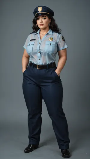 BBW extremely chubby Indian police women, extremely huge booty, extremely huge boobs, Full-body front and back view, straight-on angle, eye level, neutral pose, clear details, extremely transparent cloths, extremely see through Khaki shirt, extremely see through khaki trousers, black belt with buckle, name badge on chest, shoulder insignia, police emblem on beret or peaked cap, short sleeves, utility pockets on shirt and trousers, badge on left chest