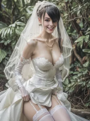 masterpiece, best quality, clear face, far shot, front light, 1young adult young adult girl, (no panties), with a huge diamond necklace, front view, with pink ponytail, ((big warm grin)), wearing a white tulle suspender allure wedding dress with flower-shaped lace and pearl embellishments and a long sleeve standing in the Rainforest, Fishnet stockings, very breast, posing for a picture, golden hour, mottled light and shadow, (((masterpiece))), realistic facial features, (((ultra-detailed))), ((perfect body and face)), cute tall tall face, finely detail, topless, skinny waist and thick hips, breasts, legs apart, (detailed pussy), beautiful pussy, perfect pussy, beautiful, symmetrical face with high cheekbones, well-defined jawline, lips that are plump and luscious, Intense gaze, detailed face, perfect illumination, beautiful eyes, bright hair, beautiful legs, skin pores, ((more plausible)), ((high detailed skin)), 8k uhd, high quality, detailed skin texture, (highly detailed hair), sharp body, highly detailed body, (realistic), soft focus, ((insanely detailed)), (highest quality), (skin pores, skin imperfections), leash, high resolution photography on a canon camera, 1young adult girl, pussy, <lora:pussy1.0:.8>, tokisaki, kurumi, huajia, wedding, dress, <lora:tokisaki kurumi huajia_v8_06:.8>