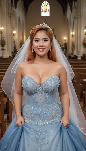 Full body, happy 28-year-old Filipina, wearing blue wedding dress, peach hair, with makeup, curvy, church, ba11g0wn, <lora:Ballgown_2.0:.8>, puffy, nipples, dark, ghost, wide, <lora:Nipples XL:.8>