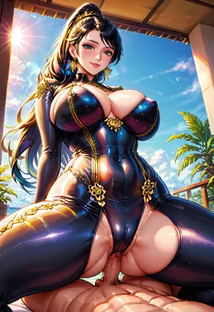 (masterpiece, best quality), (Golden Hour Photography:1.5), (establishing shot:1.5), (front view:1.4), (low view:1.3), (Bayonetta), well-built, gigantic round breasts, round bubble butt, wide hips, high ponytail, black bodysuit with red embroidery, gentle smile, sex, squatting cowgirl position, 1man, luxury hotel room with ocean view, large sliding glass doors opening to balcony, white and turquoise decor, tropical plants, (sunrise:1.2), peaceful and breezy atmosphere, captured with Leica SL2 with Leica APO-Summicron-SL 50mm f/2 ASPH, sharp focus, 8K, UHD, clear image, extremely sharp, extremely detailed, extremely intricate detail, high res, ultra-high-definition, highly detailed, ultra-sharp textures, finely detailed, perfect skin texture, hyperrealistic lighting, professional photography, full dynamic range, deep contrast, high clarity, realistic depth of field, HDR, perfect exposure, smooth gradients, natural reflections, ultra-fine details, realistic skin pores, individual hair strands, soft shadows, color-graded