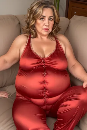Lubica, Gilf, fat face, (bright hazel eyes), A 60 year old mature woman with saggy breasts in sleeveless red satin pajamas, brunette balayage hair with highlights, sitting, couch, living room, belly, veiny, sagging, breasts, veins, natural, thick, thighs, <lora:Milf:1.1>, <lora:kipteitei:.2>, <lora:VeinyBreasts70EpochMaskedReducedMore64_1:.5>, <lora:weight_slider_v2:1>