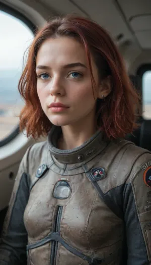 ultra realism, ultra-realistic, hyper-detailed, photorealism, (ultra detailed face:1.3), Euro-American, adult girl, cute face, big eyes, symmetrical eyes, (detailed iris), (detailed mouth), (skinny:1.3), bright blue eyes, small breasts, crimson hair, short hairstyle, Upturned nose, dimples on cheeks, full-length, space, spaceship, stars, (dirty red dark futuristic suit), spaceship cockpit, instrument panel, planets and star, futuristic ears, big plant, eyes slightly closed, mouth slightly open, slumber