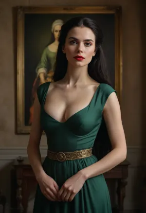 Super realistic image, full color image, full body view, 8K quality, In a room of an ancient castle, a very beautiful young woman with a magnificent figure and confident posture, long black hair, green eyes, full red lips, large slightly sagging breasts, thin waist, slender figure in a chic dress with a deep wide neckline, stands in a defiant pose with proudly raised head, in front of a large portrait on which she is depicted as an ancient old woman. Signed on the frame of the portrait “Dorianne Gray”, studio lighting, half-length view, full-length body