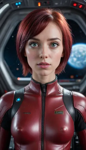 ultra realism, ultra-realistic, hyper-detailed, photorealism, (ultra detailed face:1.3), Euro-American, adult girl, cute face, big eyes, symmetrical eyes, (detailed iris), (detailed mouth), (skinny:1.3), bright blue eyes, small breasts, crimson hair, short hairstyle, Upturned nose, dimples on cheeks, full-length, space, spaceship, stars, (dirty red dark futuristic suit), spaceship cockpit, instrument panel, planets and star, fright