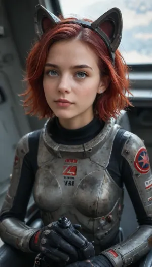 ultra realism, ultra-realistic, hyper-detailed, photorealism, (ultra detailed face:1.3), Euro-American, adult girl, cute face, big eyes, symmetrical eyes, (detailed iris), (detailed mouth), (skinny:1.3), bright blue eyes, small breasts, crimson hair, short hairstyle, Upturned nose, dimples on cheeks, full-length, space, spaceship, stars, (dirty red dark futuristic suit), spaceship cockpit, instrument panel, planets and star, futuristic helmet in hands, cute animal ears, fear on the face