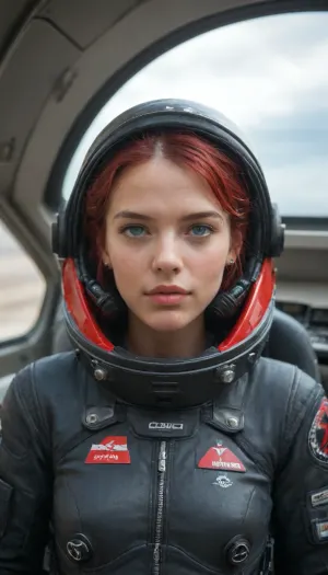 ultra realism, ultra-realistic, hyper-detailed, photorealism, (ultra detailed face:1.3), Euro-American, adult girl, cute face, big eyes, symmetrical eyes, (detailed iris), (detailed mouth), (skinny:1.3), bright blue eyes, small breasts, crimson hair, short hairstyle, Upturned nose, dimples on cheeks, full-length, space, spaceship, stars, (dirty red dark futuristic suit), spaceship cockpit, instrument panel, planets and star, (helmet from a spacesuit in hands), futuristic ears, (bites his lip), (one eye is squinted slyly)