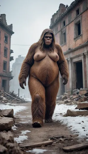 Winter. Snow.Female Bigfoot .Masterpiece, highly detailed, high quality, full body photoshoot, hdr, 4k, A post-apocalyptic landscape, a fat, obese overweight big foot, The female bigfoot in tattered clothes making her way through the ruins of a city, and dead bodies lying around