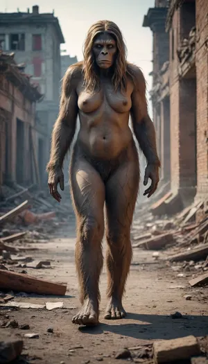 Female Bigfoot .Masterpiece, highly detailed, high quality, full body photoshoot, hdr, 4k, A post-apocalyptic landscape, a thin big foot, The female bigfoot in tattered clothes making her way through the ruins of a city, and dead bodies lying around