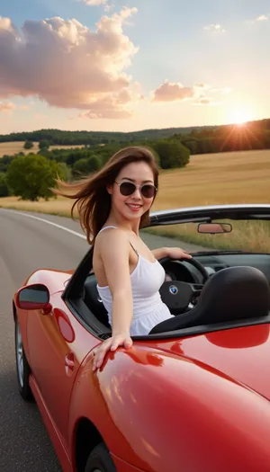 A stunningly beautiful Japanese woman, with her hair billowing in the wind, driving a sleek, red sports car convertible along a scenic highway. She is dressed in a chic, white summer dress that complements her sun-kissed skin and the gleaming chrome of the car. Her eyes are hidden behind a pair of stylish aviator sunglasses, and a wide smile graces her lips as she embraces the freedom of the open road. The car's top is down, revealing the luxurious leather seats and shiny dashboard, which reflect the bright blue sky above. The powerful engine purrs as the vehicle speeds through the landscape, surrounded by a blur of emerald-green trees and golden fields that stretch to the horizon. The asphalt beneath the car's gleaming tires stretches into the distance, inviting a sense of adventure and boundless possibilities. The wind plays with the fabric of the dress, creating a dynamic and playful silhouette as it clings to her body. In the background, a setting sun casts a warm, orange glow over the scene, painting the clouds with strokes of pink and purple. The beauty of the moment is accentuated by the stark contrast between the cool, metallic finish of the sports car and the vibrant, natural hues of the surrounding environment. The overall composition exudes an air of confidence, joy, and liberation, encapsulating the essence of an exhilarating journey filled with excitement and self-discovery.