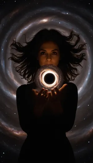 in deep space dark female silhouette holding supermassive black hole in her hands, black hole with accretion disk, wind-swept hair, galaxies on background, handslora, grgnt, <lora:590198_training_data:.8>, <lora:interstellar_blackhole:.8>