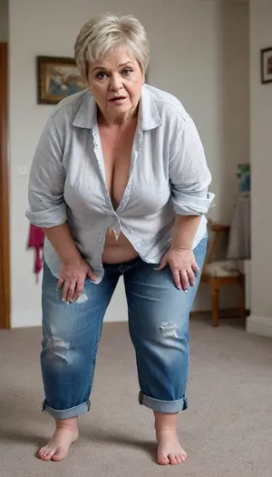 Masterpiece, highly detailed, high quality, full body photoshoot, hdr, 4k, Hairy, unshaven, Fat, loose, obese, cellulitic, soft, saggy, elderly blonde granny with an unpleasant face, short pixie haircut, she standing on all fours, Ripped jeans, ripped blouse