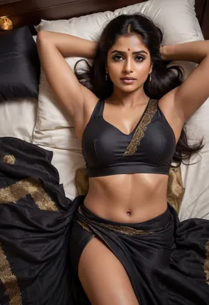 Hot indian women, muscular, wearing black saree, big boobs, free hair, lying in bed, top view.