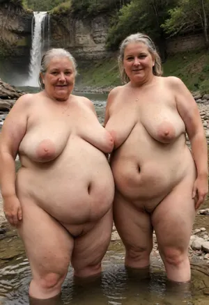Two sexy beautiful elderly fat slut women swim together in a mountain river, naked, waterfall, spray, rainbow over, megachubsdxl, morbidly, obese, sagging, breasts, stretch, marks, camonome, <lora:megachubsdxl_13:.5>, <lora:sagging-000015:.5>, <lora:stretch_marks:.5>, <lora:Style_of_camonome_SDXL-000012:.5>