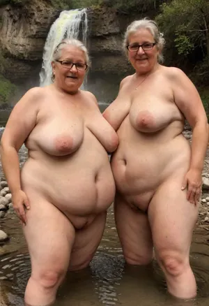 Two sexy beautiful elderly fat slut women swim together in a mountain river, naked, waterfall, spray, rainbow over, megachubsdxl, morbidly, obese, sagging, breasts, stretch, marks, camonome, <lora:megachubsdxl_13:.5>, <lora:sagging-000015:.5>, <lora:stretch_marks:.5>, <lora:Style_of_camonome_SDXL-000012:.5>