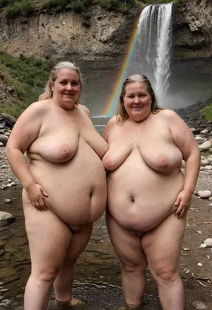 Two sexy beautiful elderly fat Lisbian women swim together in a mountain river, naked, waterfall, spray, rainbow over, megachubsdxl, morbidly, obese, sagging, breasts, stretch, marks, <lora:megachubsdxl_13:.5>, <lora:sagging-000015:.5>, <lora:stretch_marks:.5>
