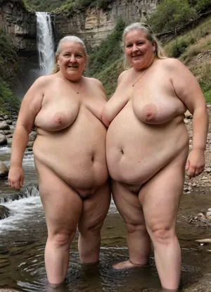 Two sexy beautiful elderly fat Lisbian women swim together in a mountain river, naked, waterfall, spray, rainbow over, megachubsdxl, morbidly, obese, sagging, breasts, stretch, marks, <lora:megachubsdxl_13:.5>, <lora:sagging-000015:.5>, <lora:stretch_marks:.5>