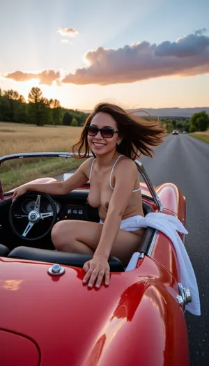 A stunningly beautiful mulatto woman, with her hair billowing in the wind, driving a sleek, red sports car convertible along a scenic highway. She is dressed in a chic, white summer dress that complements her sun-kissed skin and the gleaming chrome of the car. Her eyes are hidden behind a pair of stylish aviator sunglasses, and a wide smile graces her lips as she embraces the freedom of the open road. The car's top is down, revealing the luxurious leather seats and shiny dashboard, which reflect the bright blue sky above. The powerful engine purrs as the vehicle speeds through the landscape, surrounded by a blur of emerald-green trees and golden fields that stretch to the horizon. The asphalt beneath the car's gleaming tires stretches into the distance, inviting a sense of adventure and boundless possibilities. The wind plays with the fabric of the dress, creating a dynamic and playful silhouette as it clings to her body. In the background, a setting sun casts a warm, orange glow over the scene, painting the clouds with strokes of pink and purple. The beauty of the moment is accentuated by the stark contrast between the cool, metallic finish of the sports car and the vibrant, natural hues of the surrounding environment. The overall composition exudes an air of confidence, joy, and liberation, encapsulating the essence of an exhilarating journey filled with excitement and self-discovery.