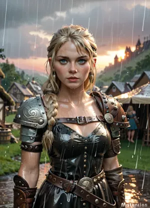 Astrid Hofferson, metal armbands, metal shoulder pads, metal belt, tight leather dress, rain, sunset, viking village