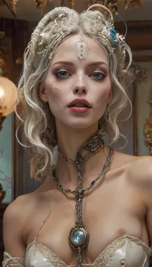 A UHD photo, Baroque Style, dreamlike Hyperdetailed grunge art fantasy illustration featuring an cyberpunk female android, hair from wires, white porcelain face, sci-fi, elegant, dreamy atmosphere, intricate, ornate, decorative, pastel colors, whimsical, embellished, figura serpentina, dynamic twisted poses, elaborately decorated, inspired by, [Brian M Viveros, Esao Andrews], Exaggeration, Elongation, Emotional Expression, Unconventional, Dramatic Pose, Complex Arrangements, Distorted Proportions, Artificial Elegance, Expressive Figures, Twisted Forms, Virtuosity, Sophistication, Intense Emotions, unbalanced composition, dynamic and visually engaging composition, with high levels of detail, 4ng3l, face, <lora:SDXL_BetterFaces-LoRA_v1:.8>, Stable-Yogis-Makeup-Enhancer-XL, <lora:xl_more_art-full_v1:.8>, <lora:cfg_scale_boost:.8>, hinaigirl, <lora:MaybeBetterFaceInFullBodyLora_XL_rev3:.8>, <lora:SquattingAnal:.8>