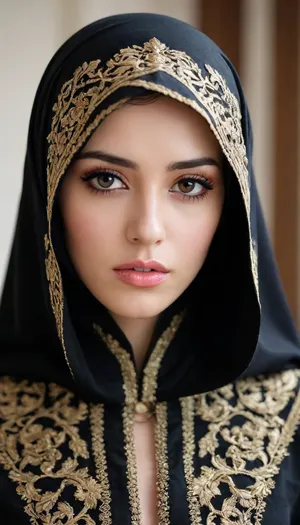 a woman dressed in a traditional Islamic outfit, adorned with a black hijab and a black abaya. The woman's dress is adorned with gold embroidery, adding a touch of luxury to her outfit. The backdrop is a stark white wall, creating a stark contrast to the woman's outfit. Face Detail, Enhanced Beauty, unhappy, Realistic Model, Angry Face, Hot Body, Sexy Body, Man, Attractive, Handsome Boy, Enhanced all details, Extremely Beautiful, Gorgeous, Pretty Face, Attractive Figure, Mystical Beauty, Sexy Anime Girl, Hot Anime, Hot body, Attractive Body